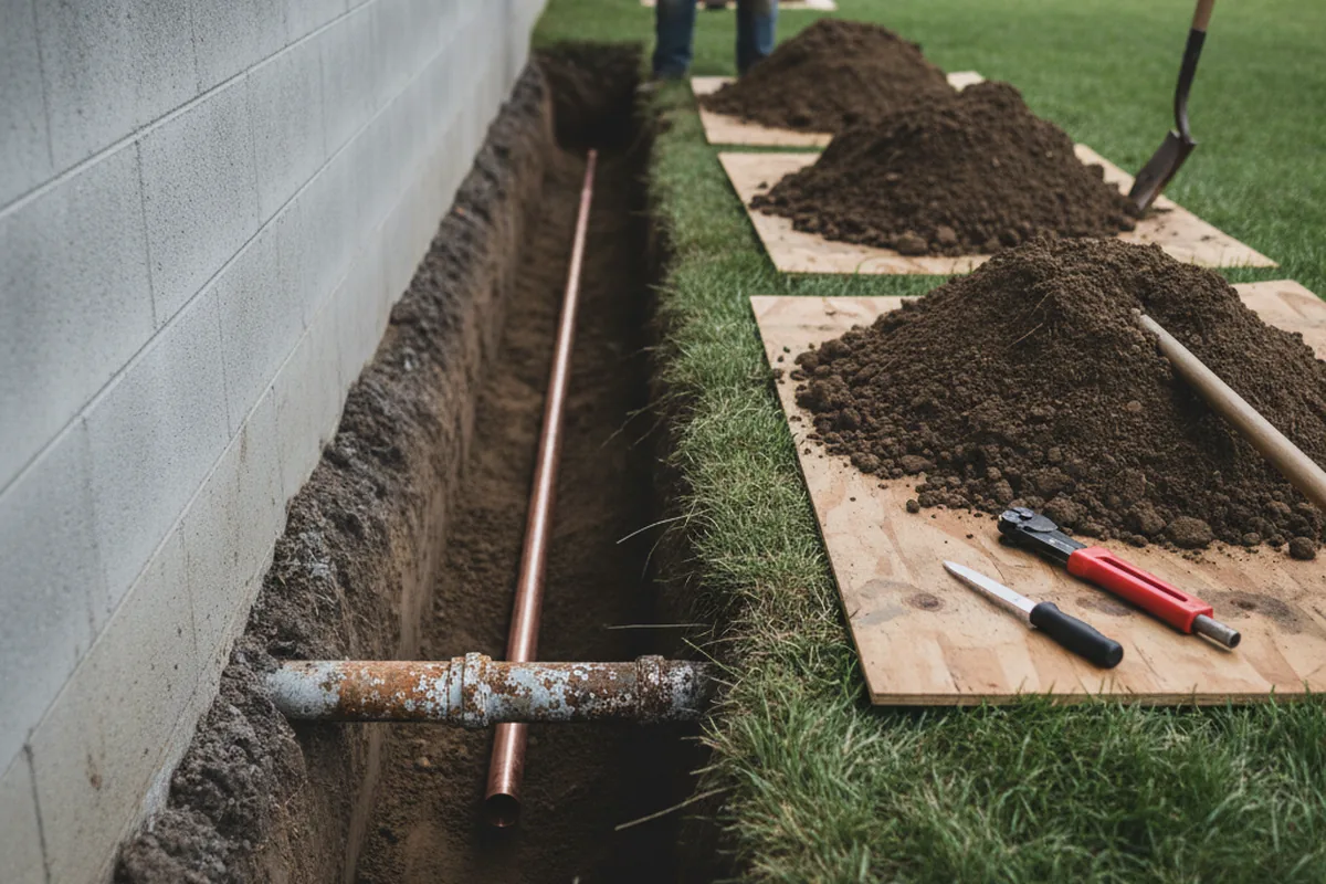 Excavated water line trench during Water Heater Repair in Florida